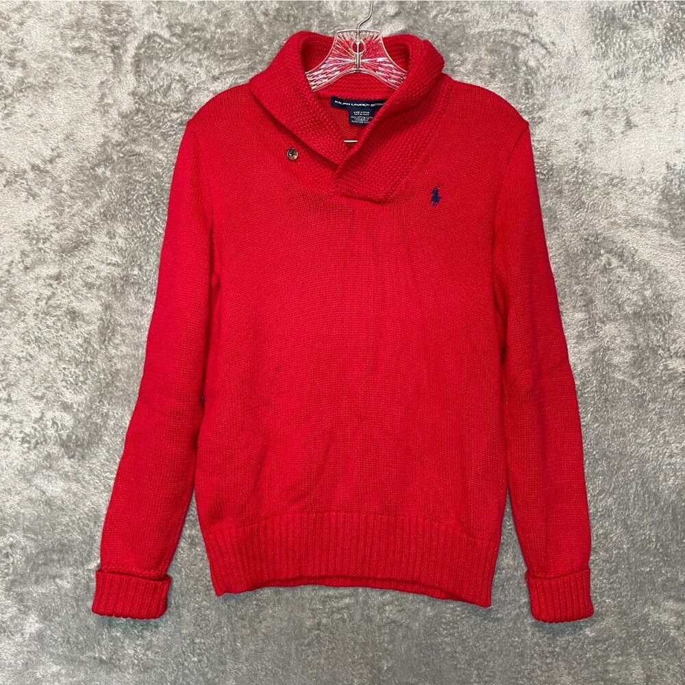 Ralph Lauren Sport Women Pony Classic Red Preppy Shawl Neck Slim Fit Sweater L